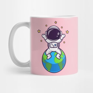 Cute Astronaut Sitting On Earth With Star Cartoon Mug